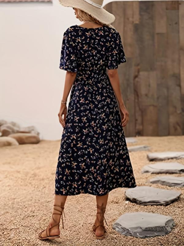 Floral Print Flutter Sleeve Dress Boho V Neck Slim Waist Dress