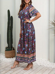 Boho Floral V-Neck Dress Short Sleeve Casual Dress