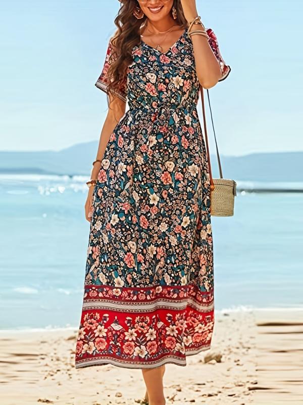 Boho Floral V-Neck Dress Short Sleeve Casual Dress