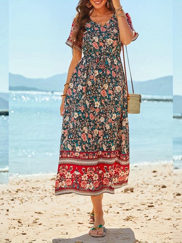 Boho Floral V-Neck Dress Short Sleeve Casual Dress