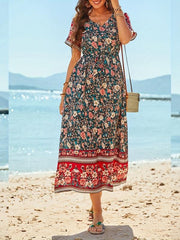 Boho Floral V-Neck Dress Short Sleeve Casual Dress
