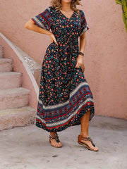 Boho Floral V-Neck Dress Short Sleeve Casual Dress