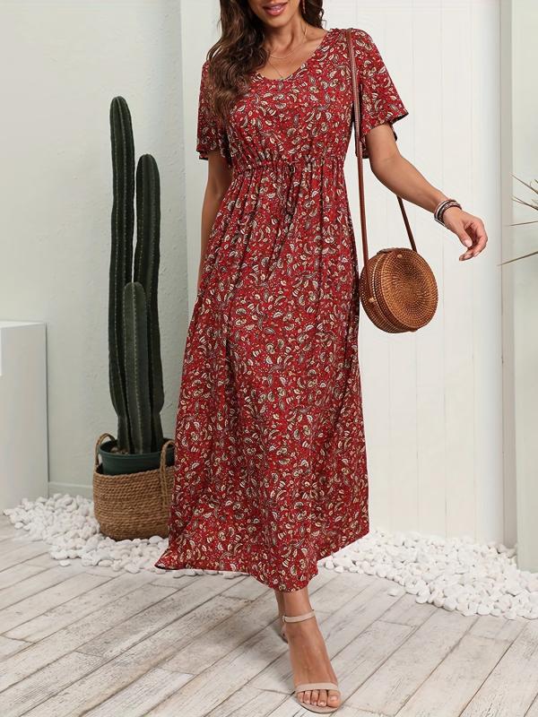 Boho Floral V-Neck Dress Short Sleeve Casual Dress
