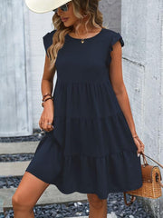 Ruffle Sleeve Dress Crew Neck Ruched Dress