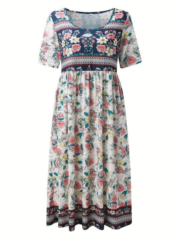 Vintage Floral Print Dress Boho High Waist Crew Neck Short Sleeve Dress