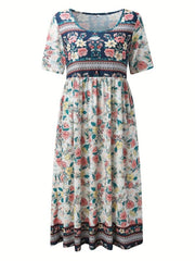 Vintage Floral Print Dress Boho High Waist Crew Neck Short Sleeve Dress