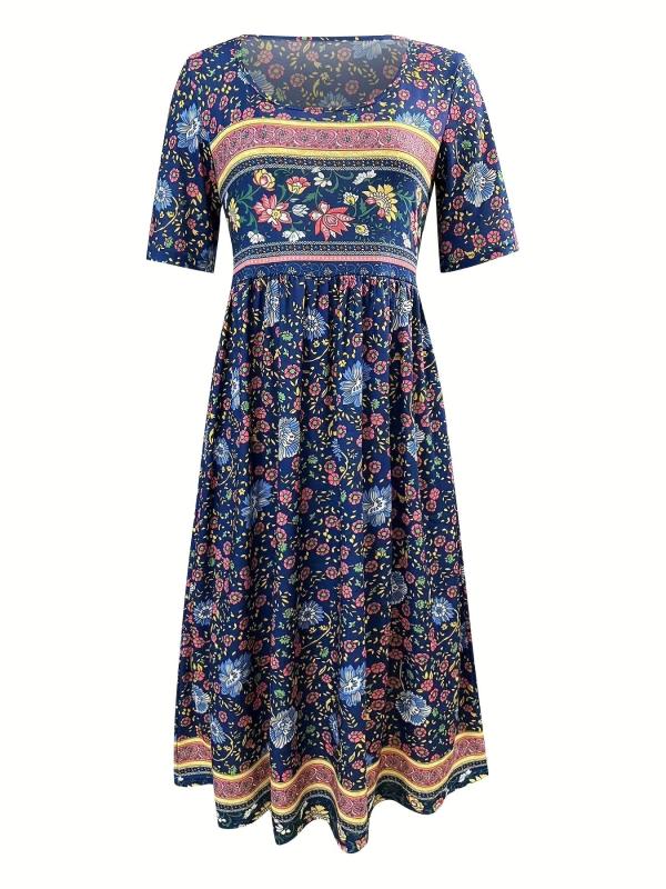 Vintage Floral Print Dress Boho High Waist Crew Neck Short Sleeve Dress