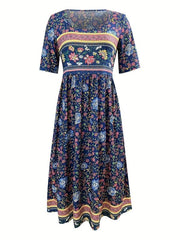 Vintage Floral Print Dress Boho High Waist Crew Neck Short Sleeve Dress