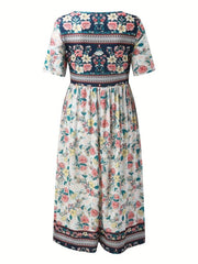 Vintage Floral Print Dress Boho High Waist Crew Neck Short Sleeve Dress
