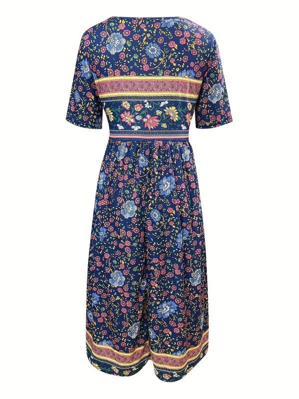 Vintage Floral Print Dress Boho High Waist Crew Neck Short Sleeve Dress