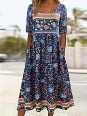 Vintage Floral Print Dress Boho High Waist Crew Neck Short Sleeve Dress