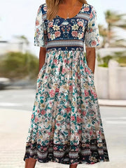 Vintage Floral Print Dress Boho High Waist Crew Neck Short Sleeve Dress