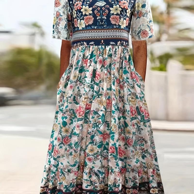 Vintage Floral Print Dress Boho High Waist Crew Neck Short Sleeve Dress