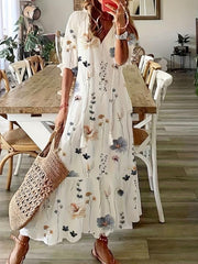 Ikat Print Drawstring Dress Boho Ruffle Trim V Neck Half Sleeve Summer Dress