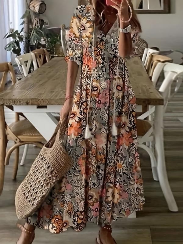 Ikat Print Drawstring Dress Boho Ruffle Trim V Neck Half Sleeve Summer Dress