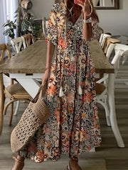 Ikat Print Drawstring Dress Boho Ruffle Trim V Neck Half Sleeve Summer Dress