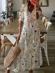 Ikat Print Drawstring Dress Boho Ruffle Trim V Neck Half Sleeve Summer Dress