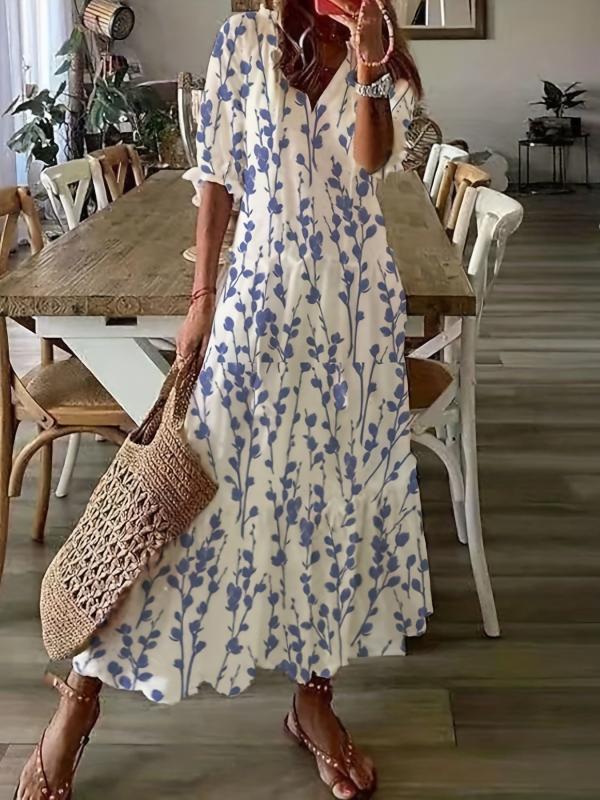 Ikat Print Drawstring Dress Boho Ruffle Trim V Neck Half Sleeve Summer Dress