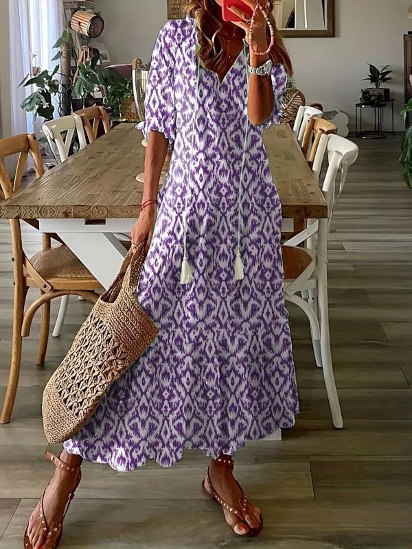 Ikat Print Drawstring Dress Boho Ruffle Trim V Neck Half Sleeve Summer Dress