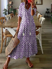 Ikat Print Drawstring Dress Boho Ruffle Trim V Neck Half Sleeve Summer Dress