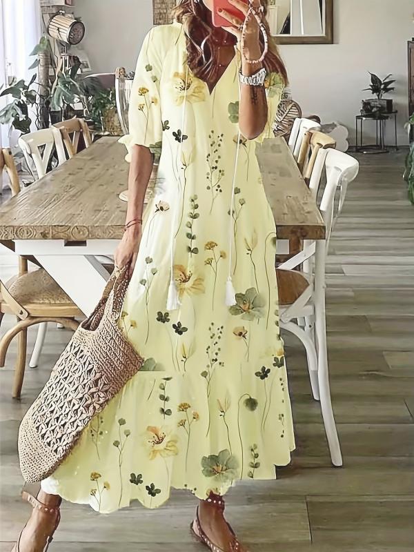 Ikat Print Drawstring Dress Boho Ruffle Trim V Neck Half Sleeve Summer Dress