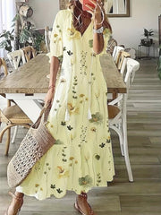 Ikat Print Drawstring Dress Boho Ruffle Trim V Neck Half Sleeve Summer Dress
