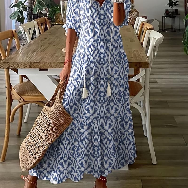 Ikat Print Drawstring Dress Boho Ruffle Trim V Neck Half Sleeve Summer Dress