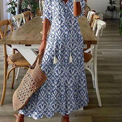 Ikat Print Drawstring Dress Boho Ruffle Trim V Neck Half Sleeve Summer Dress