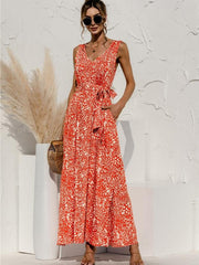 Women's V Neck Floral Print Maxi Dress