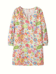 Floral Print V Neck Dress Casual Long Sleeve Dress