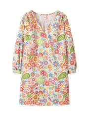 Floral Print V Neck Dress Casual Long Sleeve Dress