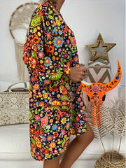Floral Print V Neck Dress Casual Long Sleeve Dress
