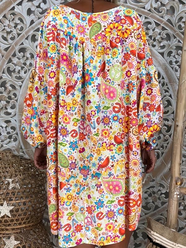 Floral Print V Neck Dress Casual Long Sleeve Dress