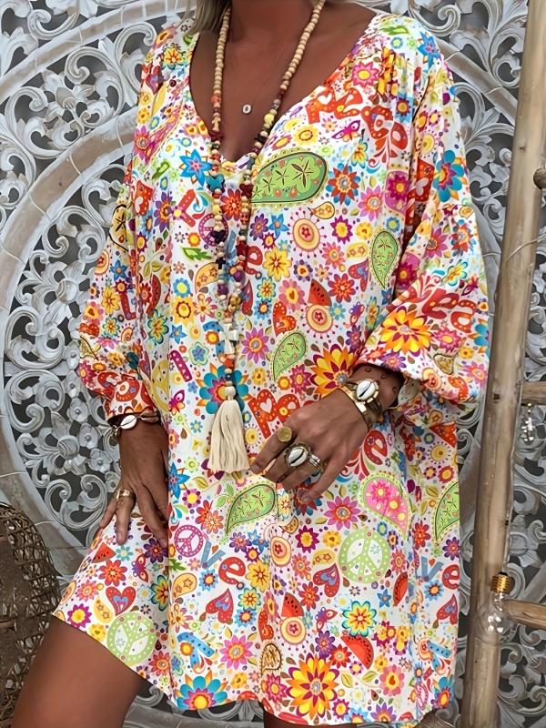 Floral Print V Neck Dress Casual Long Sleeve Dress