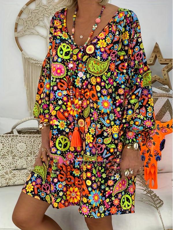Floral Print V Neck Dress Casual Long Sleeve Dress