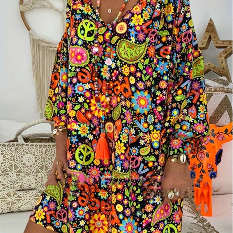 Floral Print V Neck Dress Casual Long Sleeve Dress