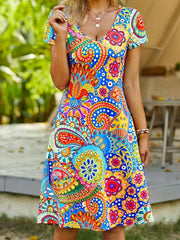 V Neck Allover Print Casual Dress Short Sleeve Spring Summer