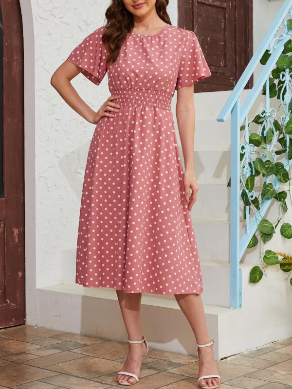 Flutter Sleeve Pin Dot Dress High Waist