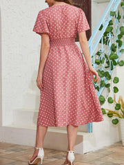 Flutter Sleeve Pin Dot Dress High Waist