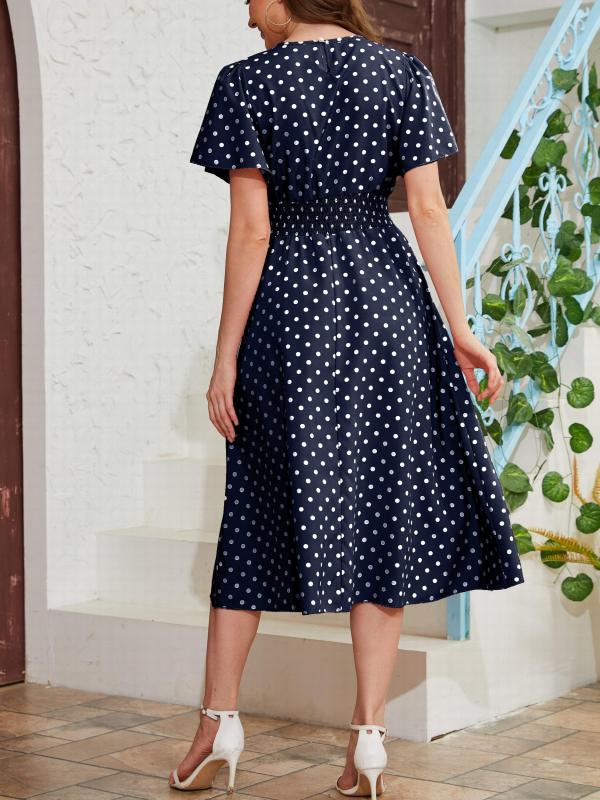Flutter Sleeve Pin Dot Dress High Waist