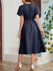 Flutter Sleeve Pin Dot Dress High Waist
