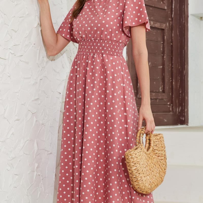 Flutter Sleeve Pin Dot Dress High Waist