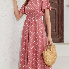 Flutter Sleeve Pin Dot Dress High Waist