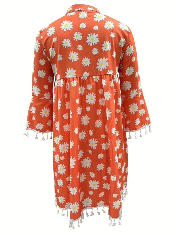 Daisy Print Tassel Dress Vacation High Waist V Neck Drawstring Dress