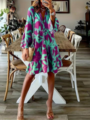 Leaves Print Tiered Dress Long Sleeve Casual Dress