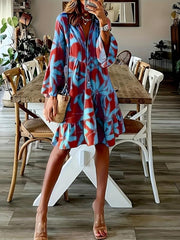 Leaves Print Tiered Dress Long Sleeve Casual Dress