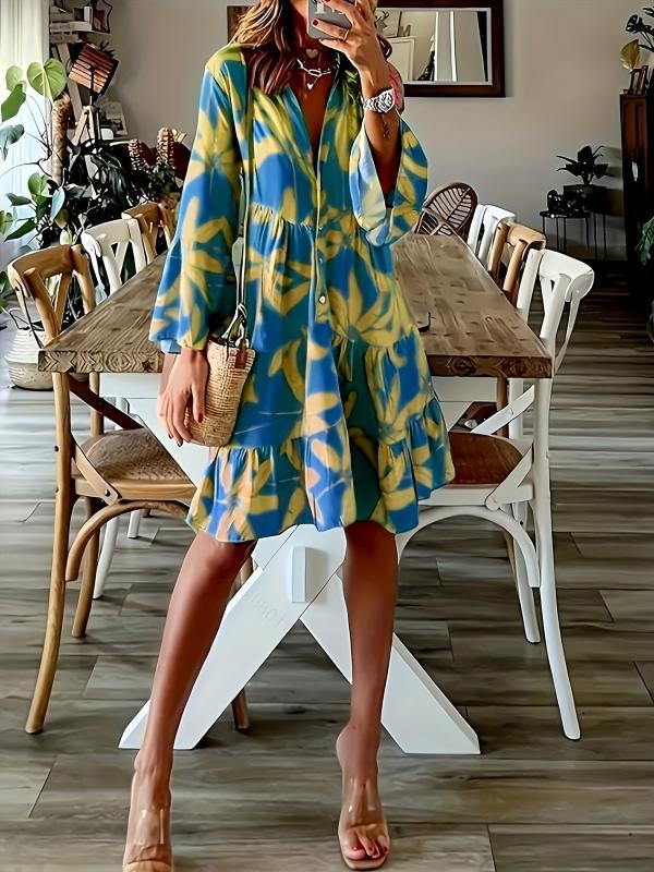 Leaves Print Tiered Dress Long Sleeve Casual Dress