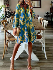 Leaves Print Tiered Dress Long Sleeve Casual Dress