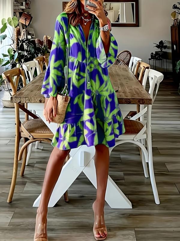 Leaves Print Tiered Dress Long Sleeve Casual Dress