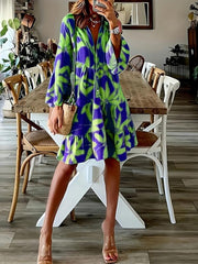 Leaves Print Tiered Dress Long Sleeve Casual Dress
